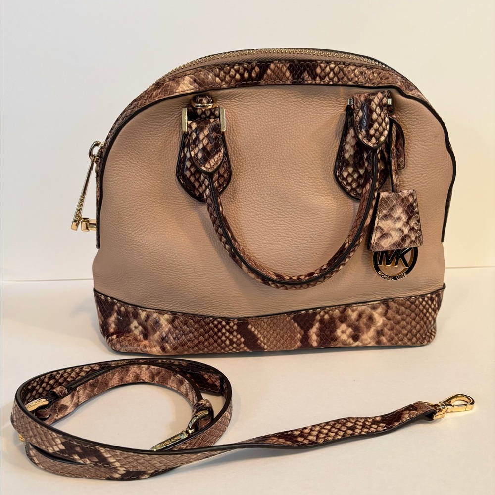 Michael Kors Smythe Blush Beige Snake-Trim Satchel